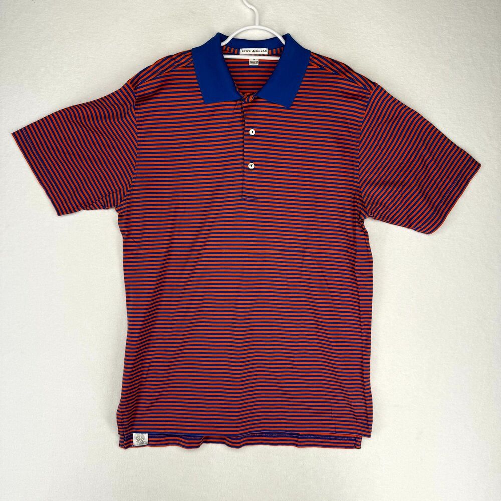 Peter Millar Mens Orange and Blue Striped Short Sleeve Cotton Polo Shirt Size M